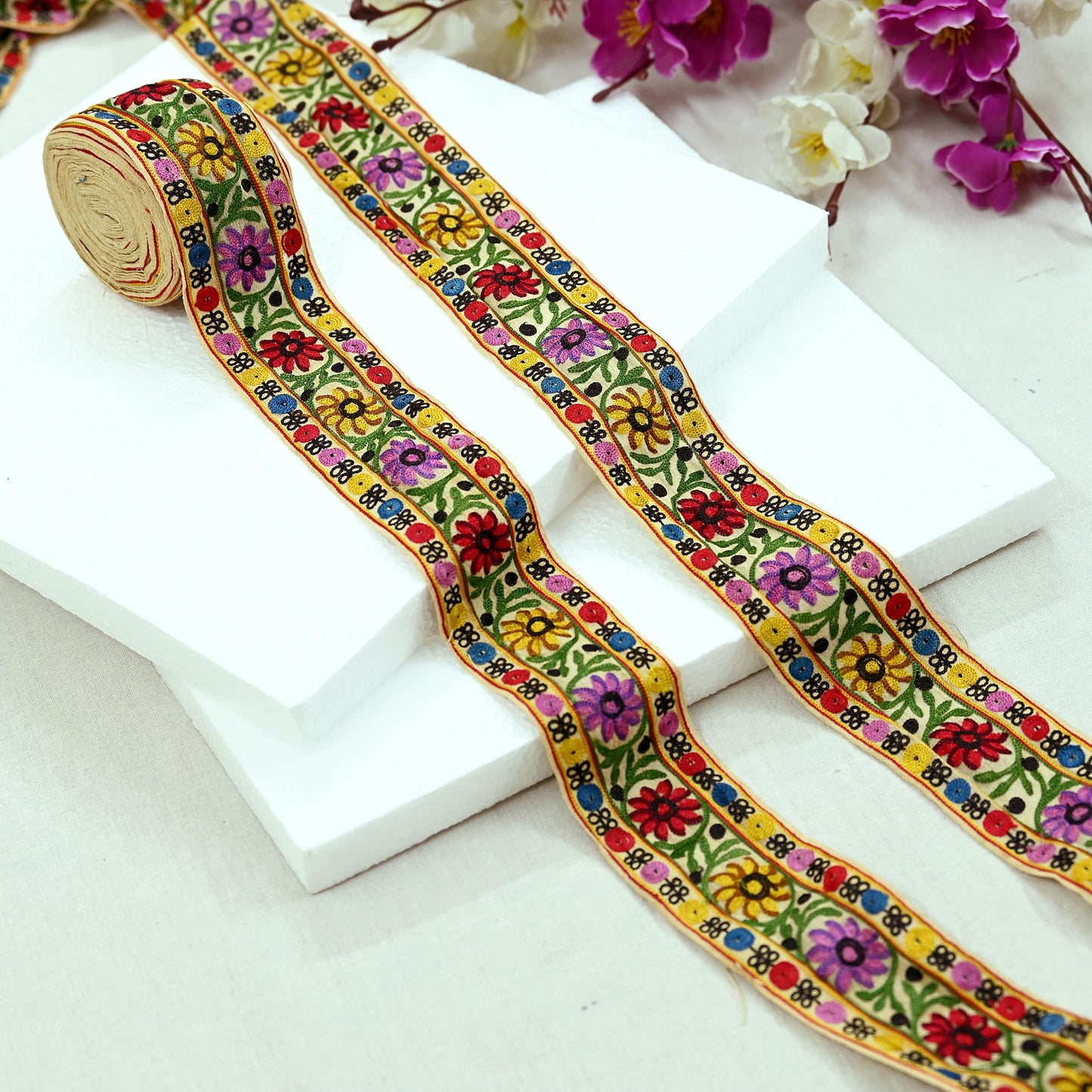 Indian Antique Vintage Real Parsi Gara Border Beige Hand Embroidered Craft Trim Lace Sewing Sarees Ribbon Recycled 7yard