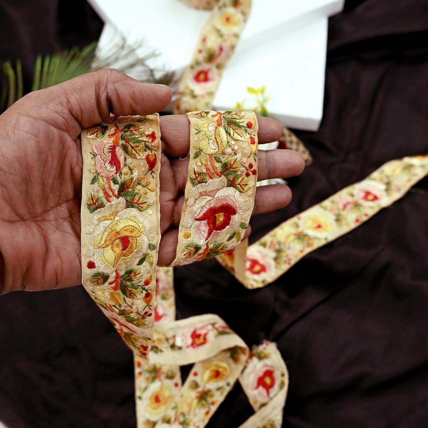 Indian Antique Vintage Real Parsi Gara Border Beige Hand Embroidered Craft Trim Lace Sewing Sarees Ribbon Recycled 7yard