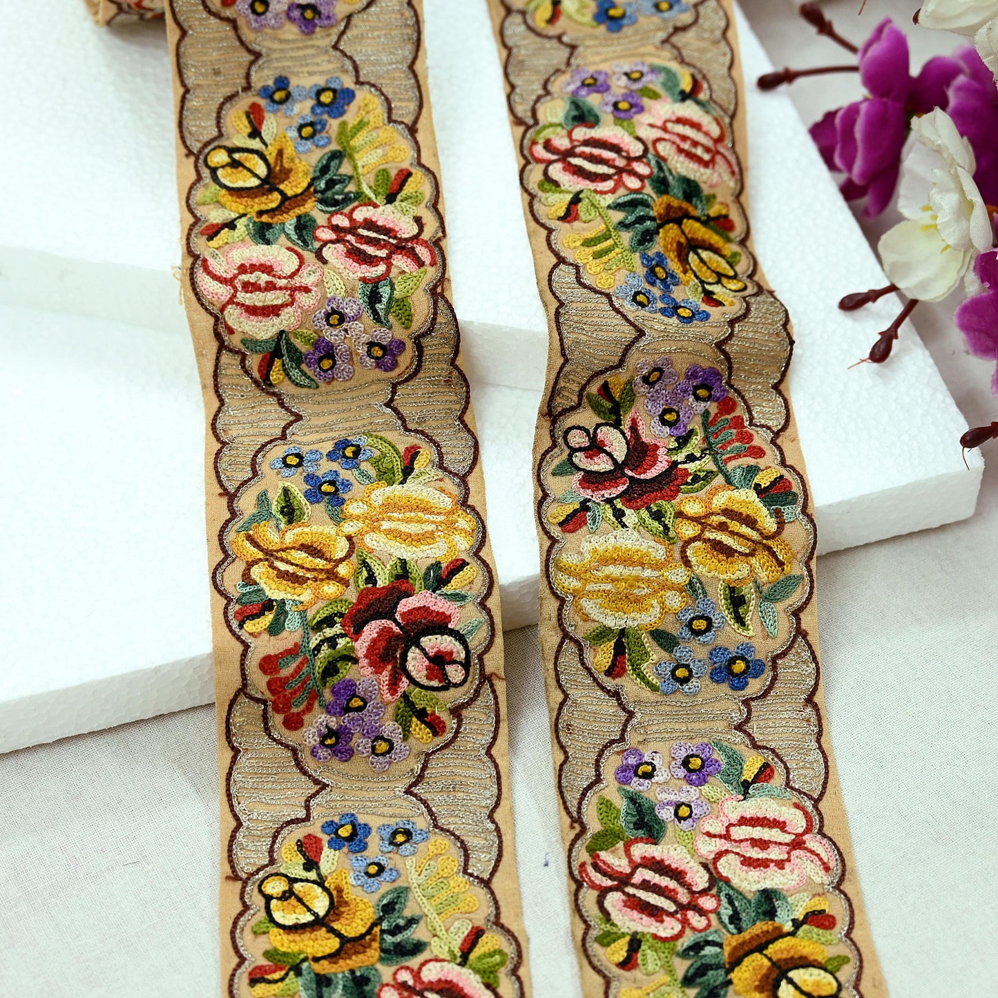 Indian Antique Vintage Real Parsi Gara Border Beige Hand Embroidered Craft Trim Lace Sewing Sarees Ribbon Recycled 8yard