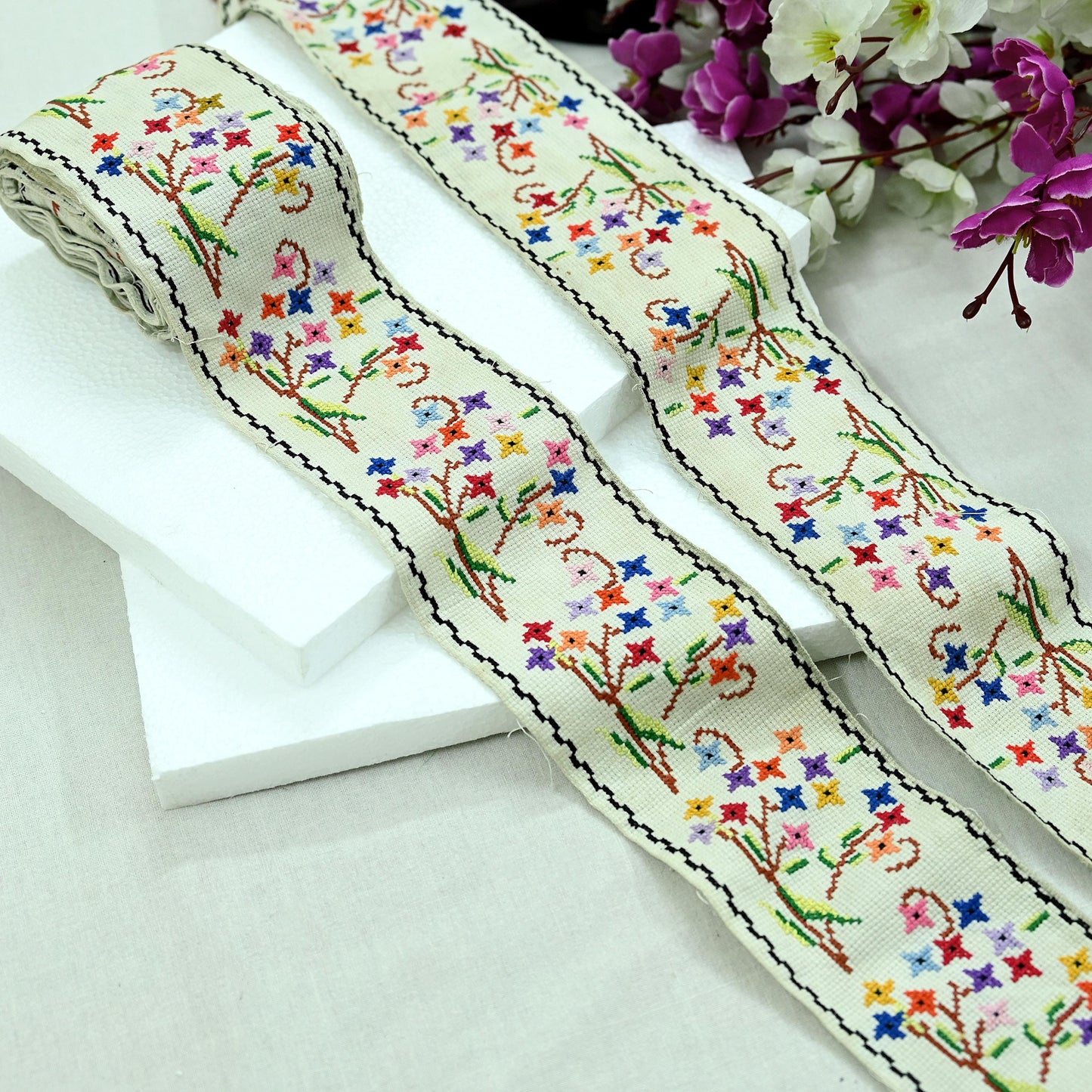Indian Antique Vintage Hand Embroidered Cross Stitch Sari Border White Craft Trim Lace Sewing Sarees Ribbon Recycled 7yard Pure Cotton