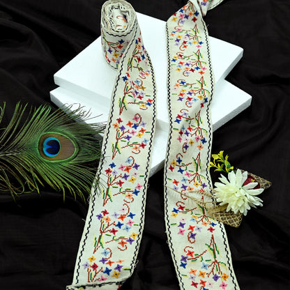 Indian Antique Vintage Hand Embroidered Cross Stitch Sari Border White Craft Trim Lace Sewing Sarees Ribbon Recycled 7yard Pure Cotton