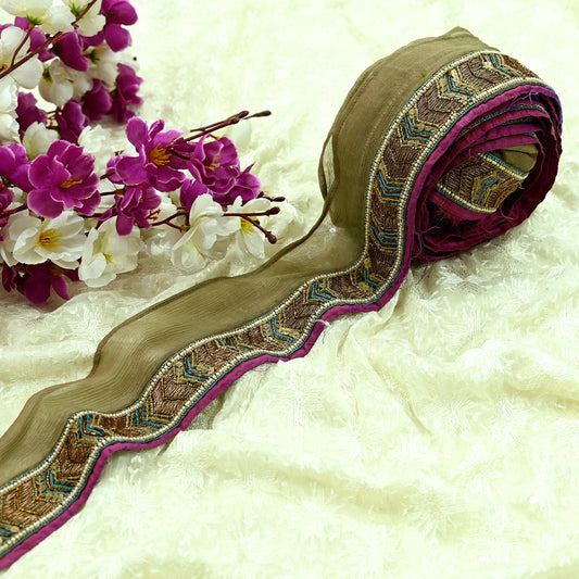 Indian Vintage Green Sari Border Hand Embroidered Craft Trim 1Yd Lace Sewing Sari Ribbon Pure silk  Zardozi/Dabka Zari