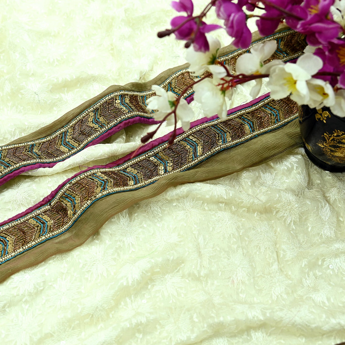 Indian Vintage Green Sari Border Hand Embroidered Craft Trim 1Yd Lace Sewing Sari Ribbon Pure silk  Zardozi/Dabka Zari