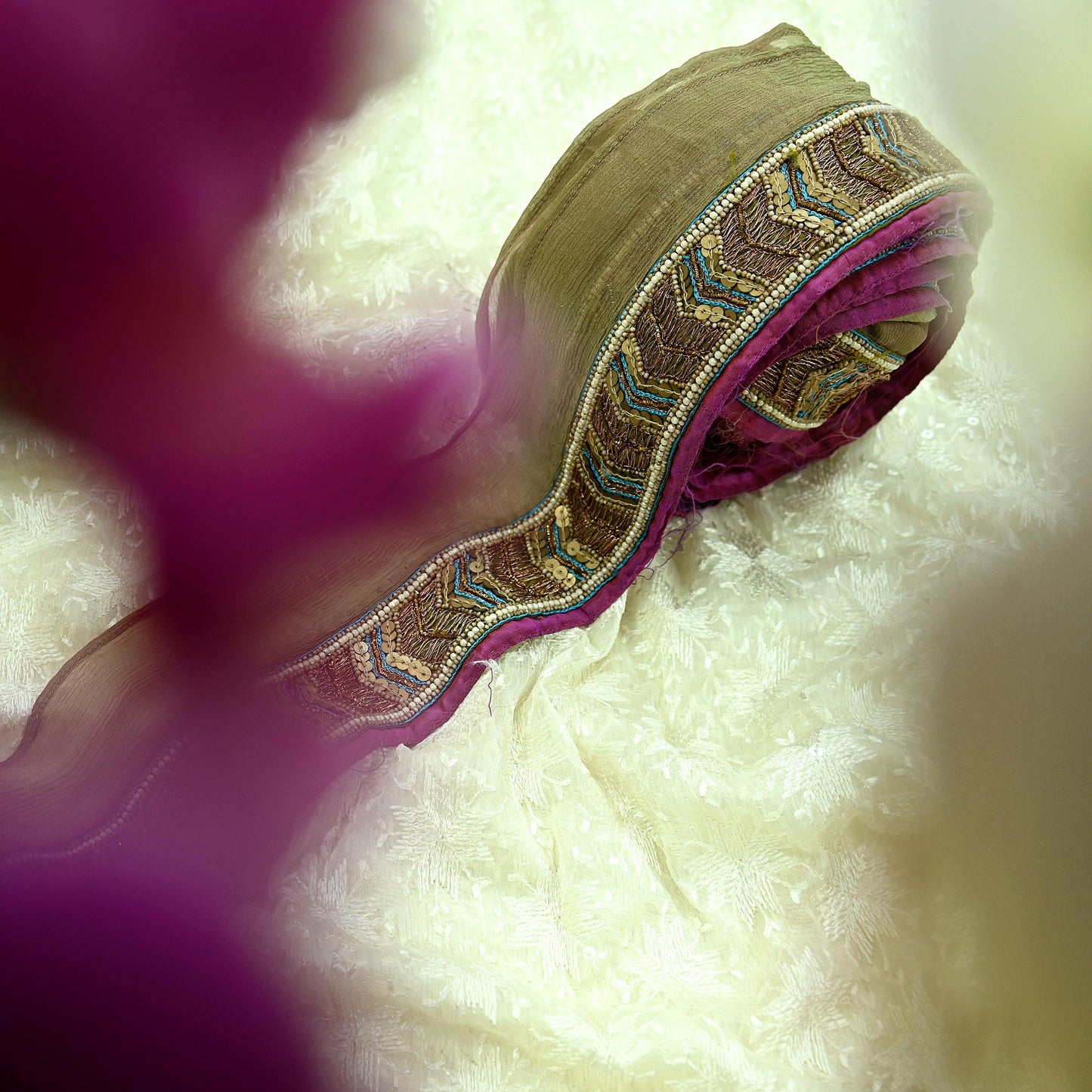 Indian Vintage Green Sari Border Hand Embroidered Craft Trim 1Yd Lace Sewing Sari Ribbon Pure silk  Zardozi/Dabka Zari