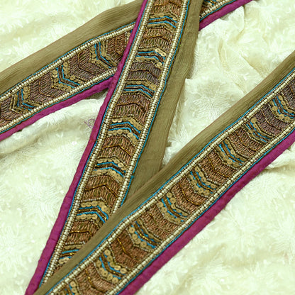Indian Vintage Green Sari Border Hand Embroidered Craft Trim 1Yd Lace Sewing Sari Ribbon Pure silk  Zardozi/Dabka Zari