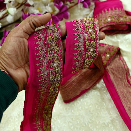 Indian Vintage Pink Sari Border Hand Embroidered Craft Trim 1Yd Lace Sewing Ribbon Pure Crepe silk  Zardozi/Dabka Zari