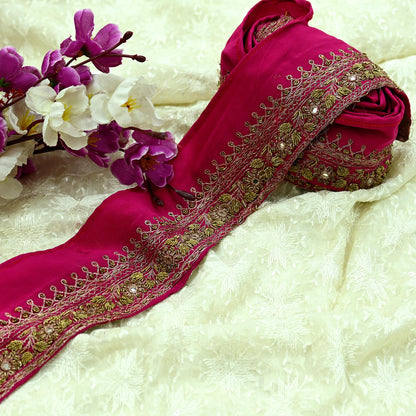 Indian Vintage Pink Sari Border Hand Embroidered Craft Trim 1Yd Lace Sewing Ribbon Pure Crepe silk  Zardozi/Dabka Zari
