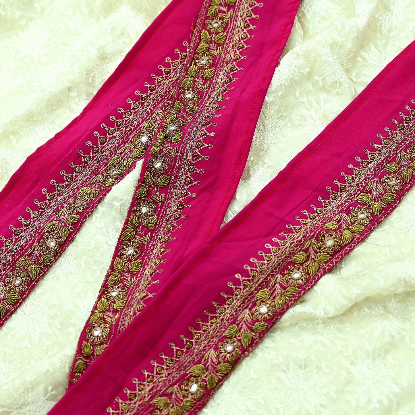 Indian Vintage Pink Sari Border Hand Embroidered Craft Trim 1Yd Lace Sewing Ribbon Pure Crepe silk  Zardozi/Dabka Zari