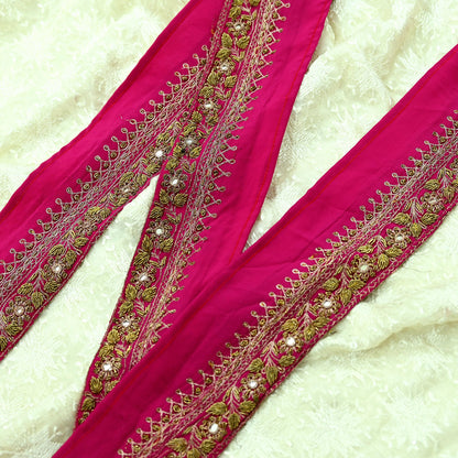 Indian Vintage Pink Sari Border Hand Embroidered Craft Trim 1Yd Lace Sewing Ribbon Pure Crepe silk  Zardozi/Dabka Zari