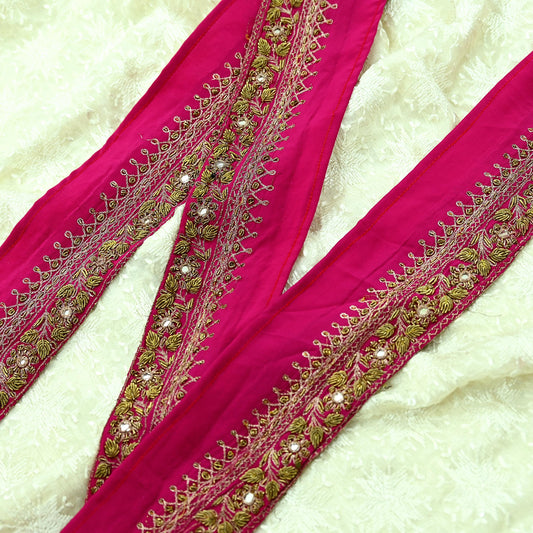 Indian Vintage Pink Sari Border Hand Embroidered Craft Trim 1Yd Lace Sewing Ribbon Pure Crepe silk  Zardozi/Dabka Zari