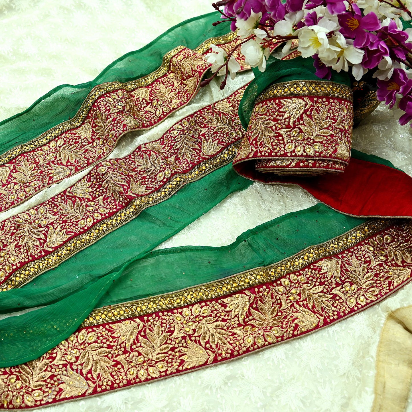 Indian Vintage Green & Maroon Sari Border Hand Embroidered Craft Trim 1Yd Lace Sewing Sari Ribbon Zardozi/Dabka Zari