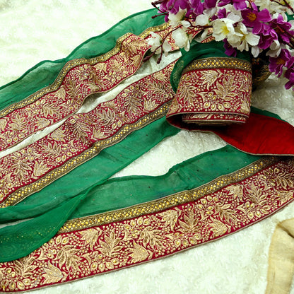 Indian Vintage Green & Maroon Sari Border Hand Embroidered Craft Trim 1Yd Lace Sewing Sari Ribbon Zardozi/Dabka Zari