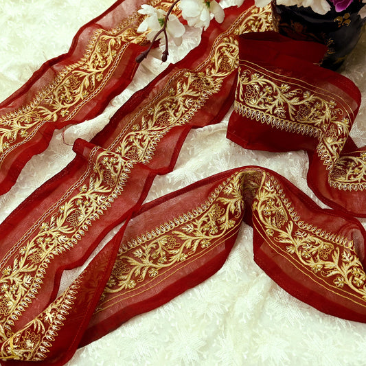 Indian Vintage Red Sari Border Hand Embroidered Craft Trim 1Yd Lace Sewing Ribbon Recycled Sari Border Decor Dress making
