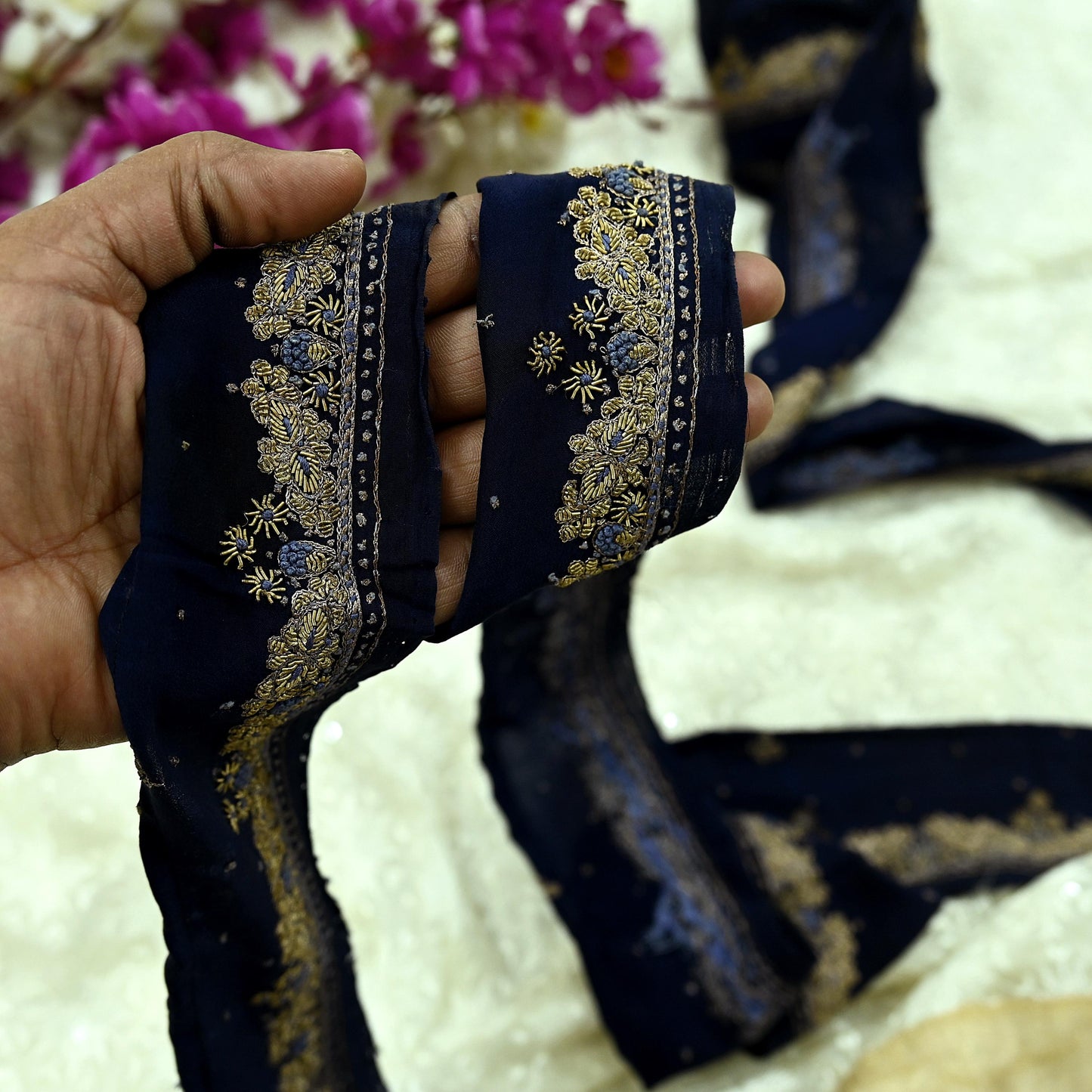 Indian Vintage Blue Sari Border Hand Embroidered Craft Trim 1Yd Lace Sewing Ribbon Pure Crepe silk  Zardozi/Dabka Zari