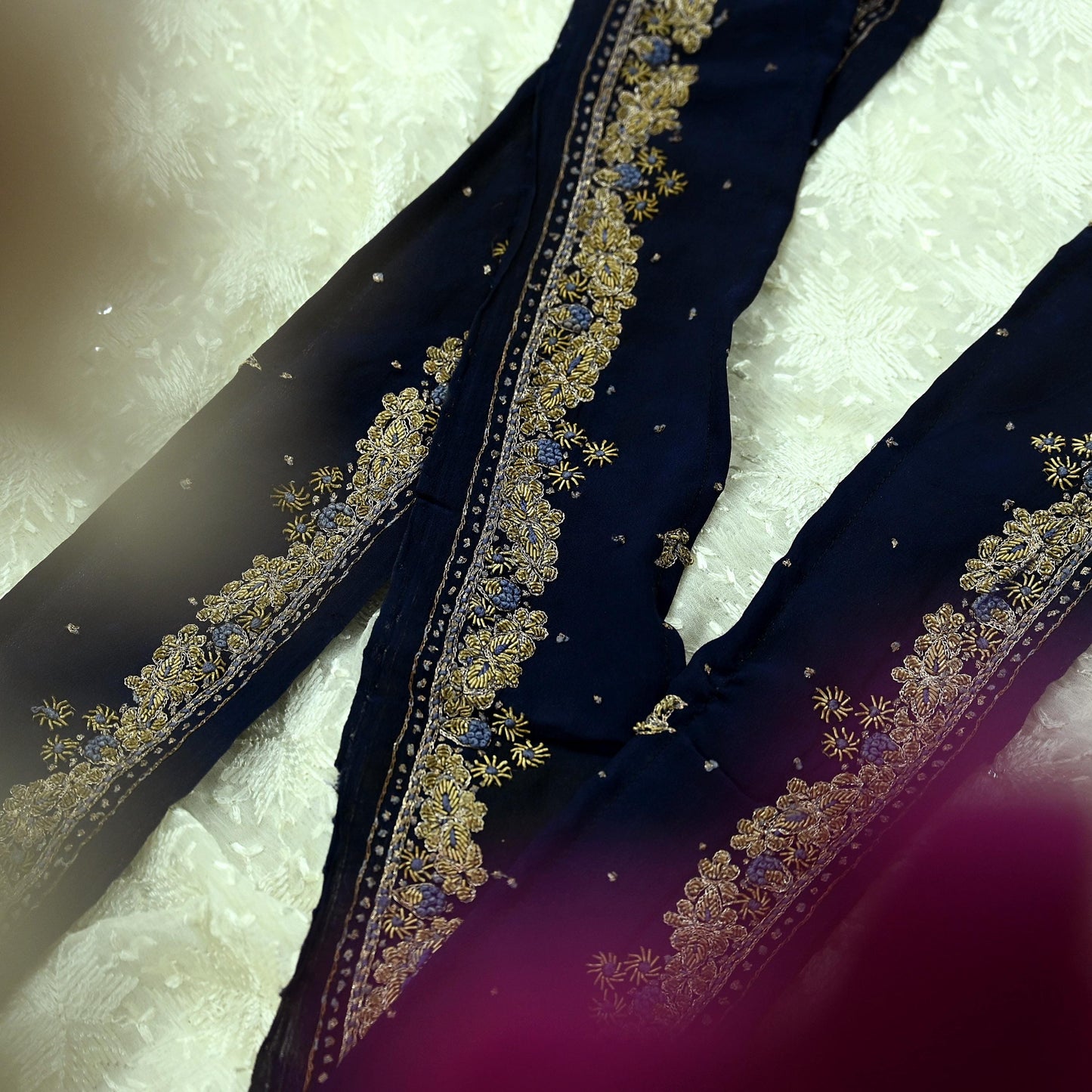 Indian Vintage Blue Sari Border Hand Embroidered Craft Trim 1Yd Lace Sewing Ribbon Pure Crepe silk  Zardozi/Dabka Zari