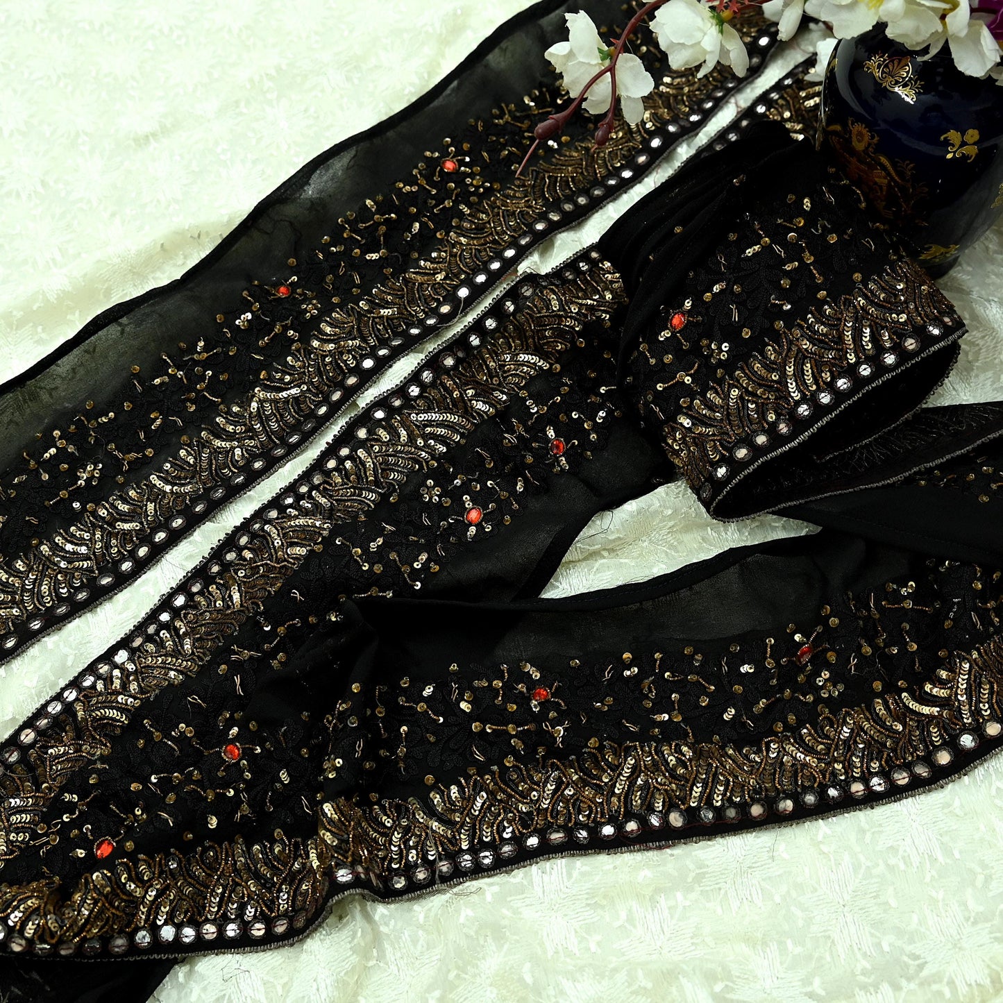 Indian Vintage Black Saree Border Hand Embroidered Craft Trim 1Yd Lace Sewing Pure Georgette Silk Ribbon Recycled Sequins
