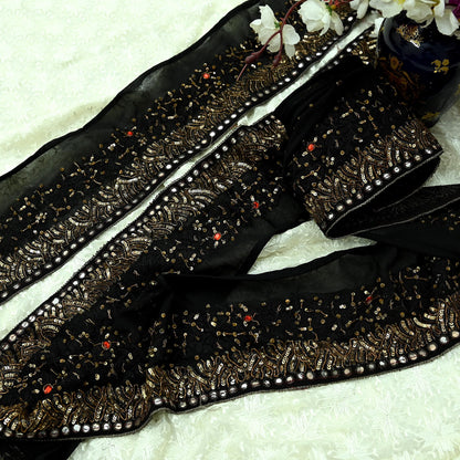 Indian Vintage Black Saree Border Hand Embroidered Craft Trim 1Yd Lace Sewing Pure Georgette Silk Ribbon Recycled Sequins