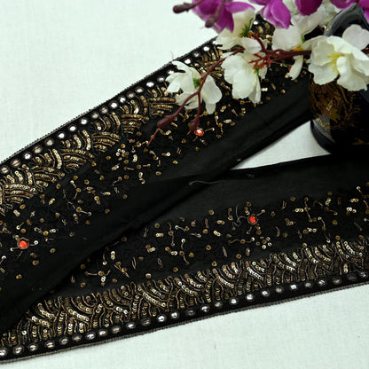 Indian Vintage Black Saree Border Hand Embroidered Craft Trim 1Yd Lace Sewing Pure Georgette Silk Ribbon Recycled Sequins
