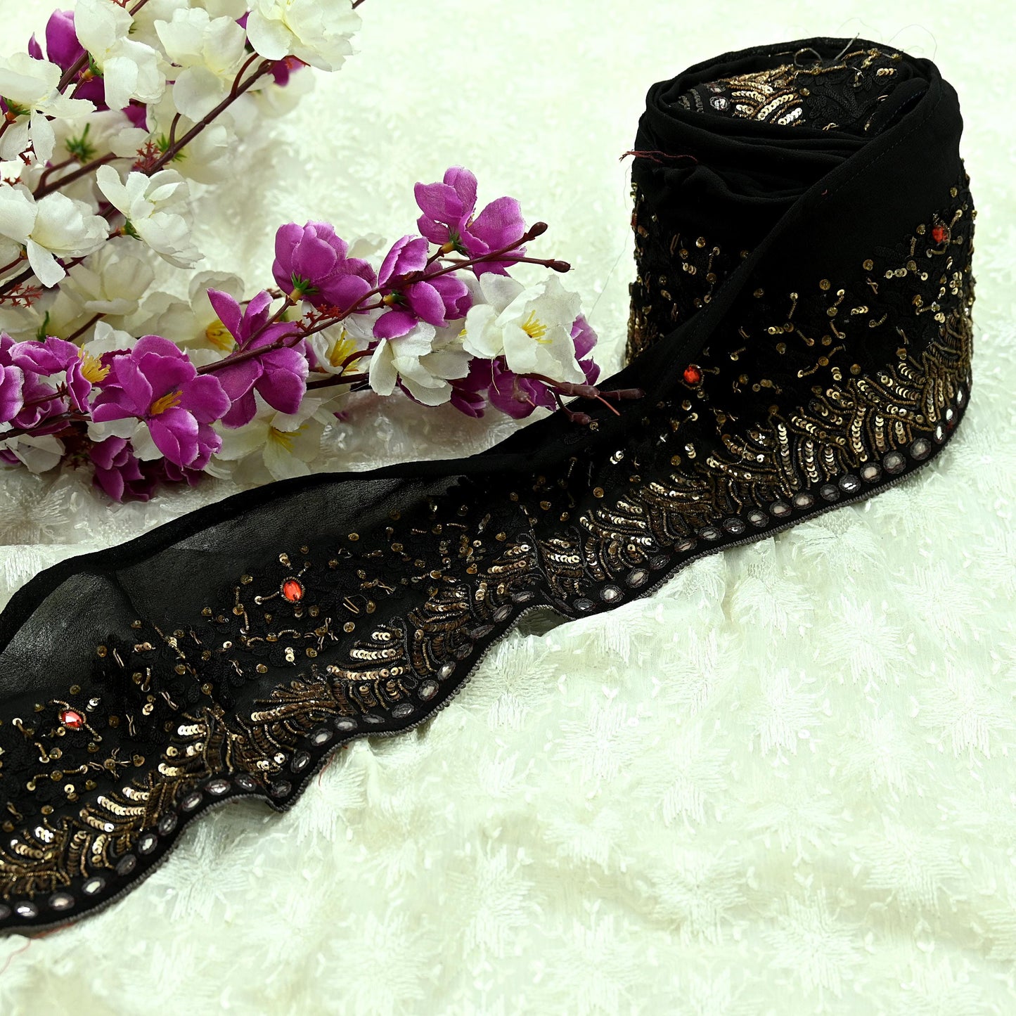 Indian Vintage Black Saree Border Hand Embroidered Craft Trim 1Yd Lace Sewing Pure Georgette Silk Ribbon Recycled Sequins