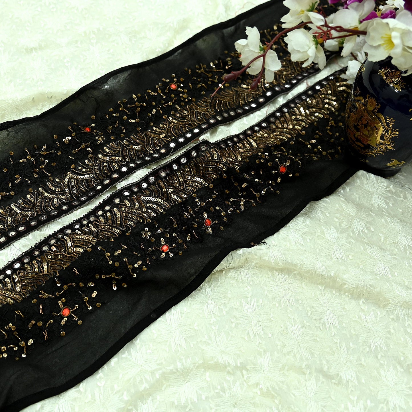 Indian Vintage Black Saree Border Hand Embroidered Craft Trim 1Yd Lace Sewing Pure Georgette Silk Ribbon Recycled Sequins