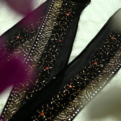 Indian Vintage Black Saree Border Hand Embroidered Craft Trim 1Yd Lace Sewing Pure Georgette Silk Ribbon Recycled Sequins