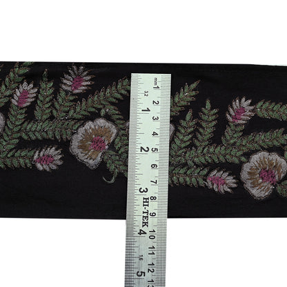 Indian Vintage Black Border Pure Crepe Silk Hand Embroidered Craft Trim 1Yd Lace Sewing Sari Ribbon Recycled Zardozi Dabka