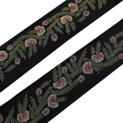Indian Vintage Black Border Pure Crepe Silk Hand Embroidered Craft Trim 1Yd Lace Sewing Sari Ribbon Recycled Zardozi Dabka