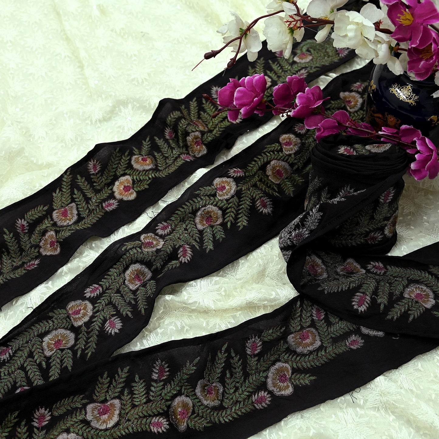 Indian Vintage Black Border Pure Crepe Silk Hand Embroidered Craft Trim 1Yd Lace Sewing Sari Ribbon Recycled Zardozi Dabka