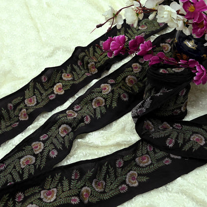 Indian Vintage Black Border Pure Crepe Silk Hand Embroidered Craft Trim 1Yd Lace Sewing Sari Ribbon Recycled Zardozi Dabka