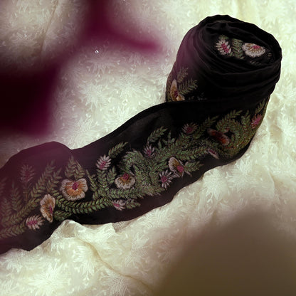Indian Vintage Black Border Pure Crepe Silk Hand Embroidered Craft Trim 1Yd Lace Sewing Sari Ribbon Recycled Zardozi Dabka