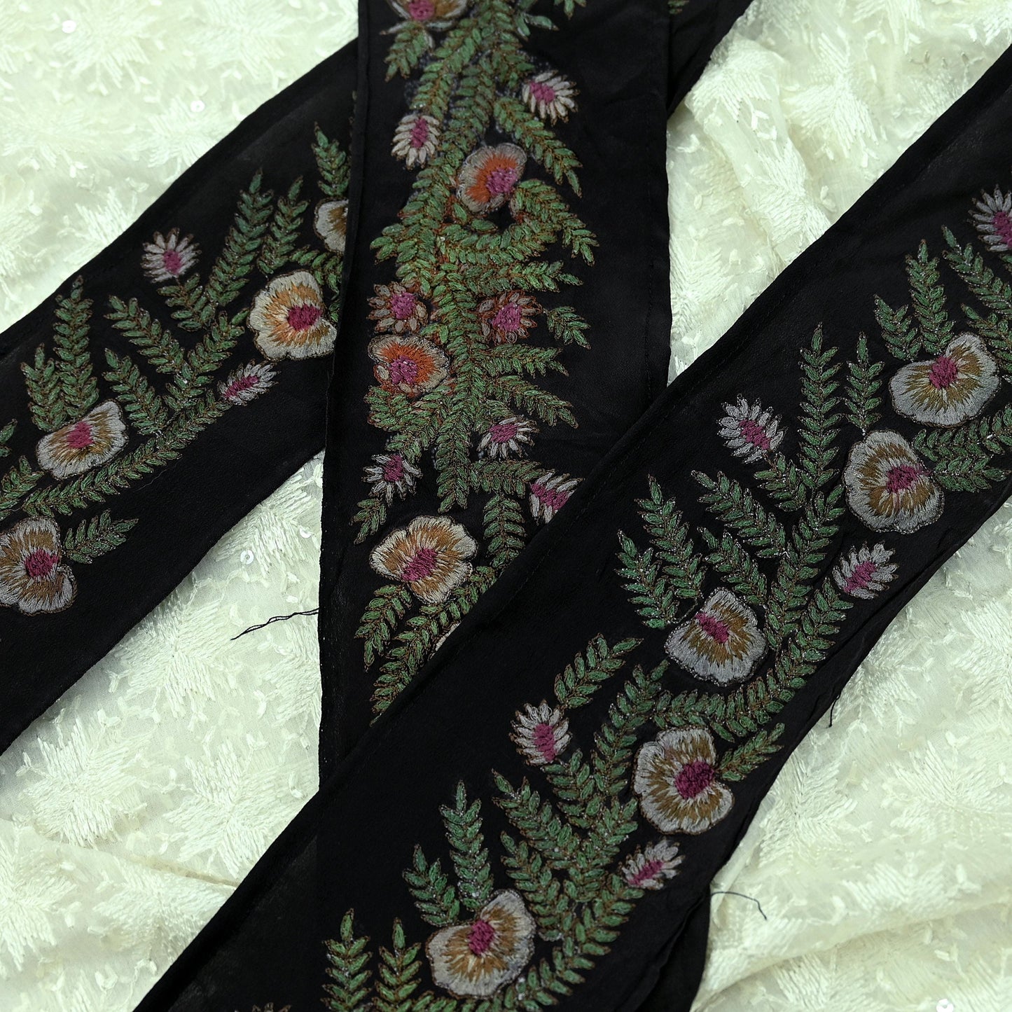 Indian Vintage Black Border Pure Crepe Silk Hand Embroidered Craft Trim 1Yd Lace Sewing Sari Ribbon Recycled Zardozi Dabka