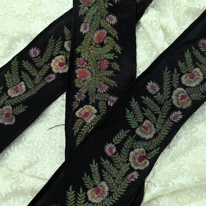 Indian Vintage Black Border Pure Crepe Silk Hand Embroidered Craft Trim 1Yd Lace Sewing Sari Ribbon Recycled Zardozi Dabka