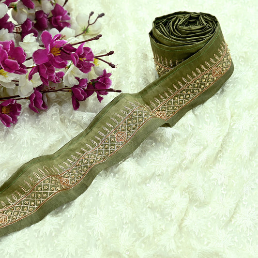 Indian Vintage Green Border Hand Embroidered 1yd Craft Trim Lace Sewing Sari Ribbon Pure silk  Zardozi/Dabka Zari Decor Gift Wrapped