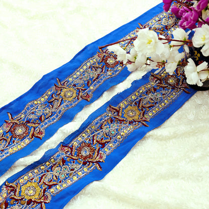 Indian Vintage Blue Sari Border Hand Embroidered Craft Trim 1Yd Lace Sewing Sari Ribbon Pure Crepe silk  Zardozi/Dabka Zari