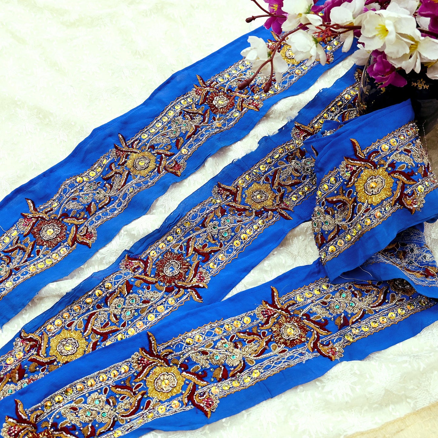 Indian Vintage Blue Sari Border Hand Embroidered Craft Trim 1Yd Lace Sewing Sari Ribbon Pure Crepe silk  Zardozi/Dabka Zari