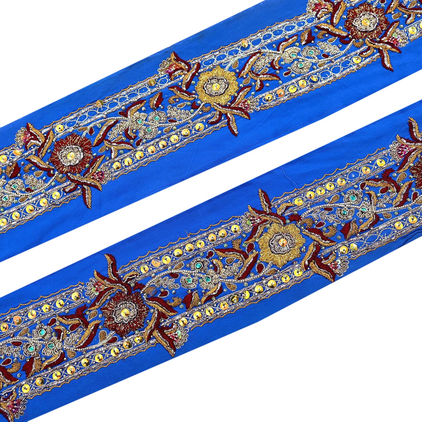 Indian Vintage Blue Sari Border Hand Embroidered Craft Trim 1Yd Lace Sewing Sari Ribbon Pure Crepe silk  Zardozi/Dabka Zari