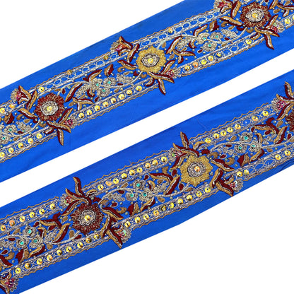 Indian Vintage Blue Sari Border Hand Embroidered Craft Trim 1Yd Lace Sewing Sari Ribbon Pure Crepe silk  Zardozi/Dabka Zari