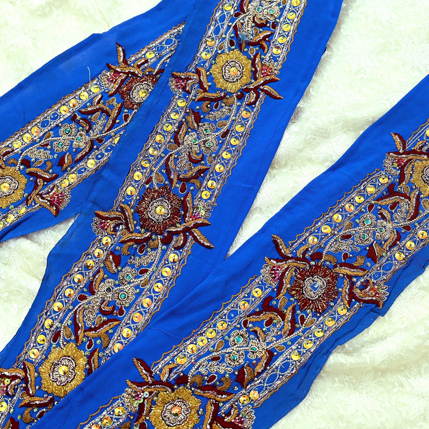 Indian Vintage Blue Sari Border Hand Embroidered Craft Trim 1Yd Lace Sewing Sari Ribbon Pure Crepe silk  Zardozi/Dabka Zari