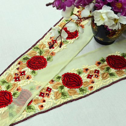 Indian Vintage Yellow Border Pure Georgette Silk Hand Embroidered 1Yd Craft Trim Lace Sewing Sari Ribbon Recycled