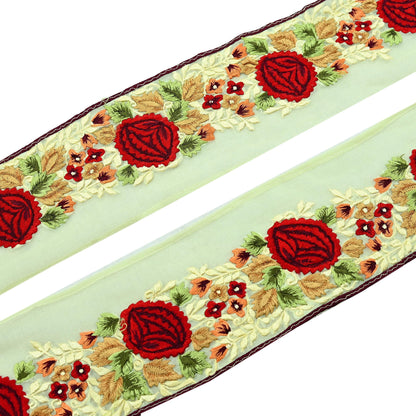 Indian Vintage Yellow Border Pure Georgette Silk Hand Embroidered 1Yd Craft Trim Lace Sewing Sari Ribbon Recycled