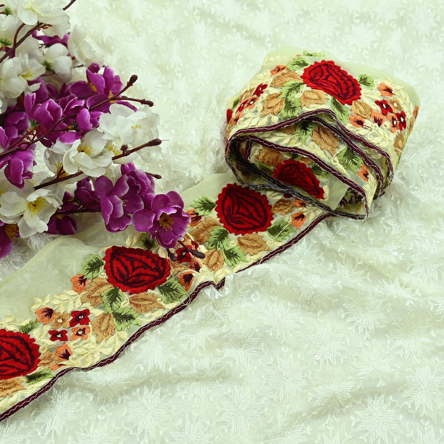 Indian Vintage Yellow Border Pure Georgette Silk Hand Embroidered 1Yd Craft Trim Lace Sewing Sari Ribbon Recycled