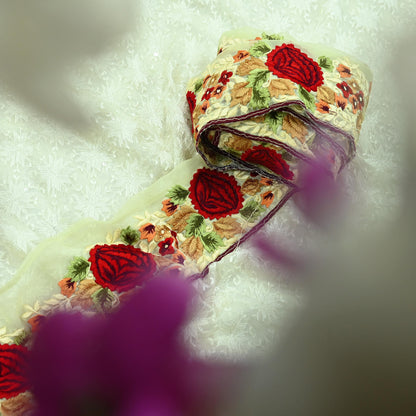 Indian Vintage Yellow Border Pure Georgette Silk Hand Embroidered 1Yd Craft Trim Lace Sewing Sari Ribbon Recycled