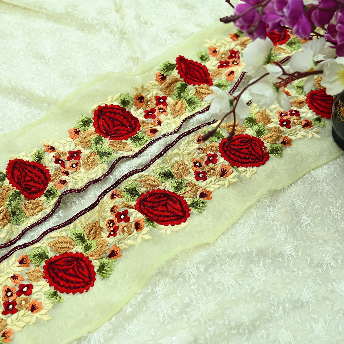 Indian Vintage Yellow Border Pure Georgette Silk Hand Embroidered 1Yd Craft Trim Lace Sewing Sari Ribbon Recycled