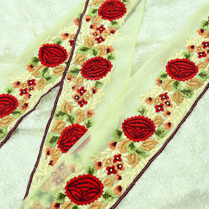 Indian Vintage Yellow Border Pure Georgette Silk Hand Embroidered 1Yd Craft Trim Lace Sewing Sari Ribbon Recycled