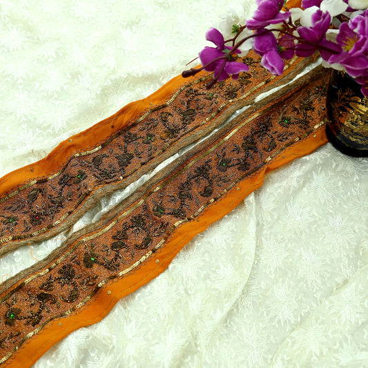 Indian Vintage Saffron Border Hand Embroidered 1yd Craft Trim Lace Sewing Sari Ribbon Pure Crepe silk  Zardozi/Dabka Zari Decor Gift Wrapped