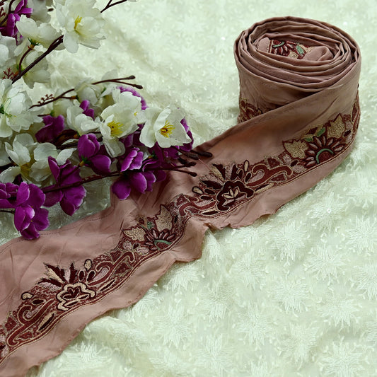 Indian Vintage Peach Border Pure Crepe Silk Hand Embroidered Indian Craft Trim Lace Sewing Sari Ribbon Recycled Decor Gift Wrapped