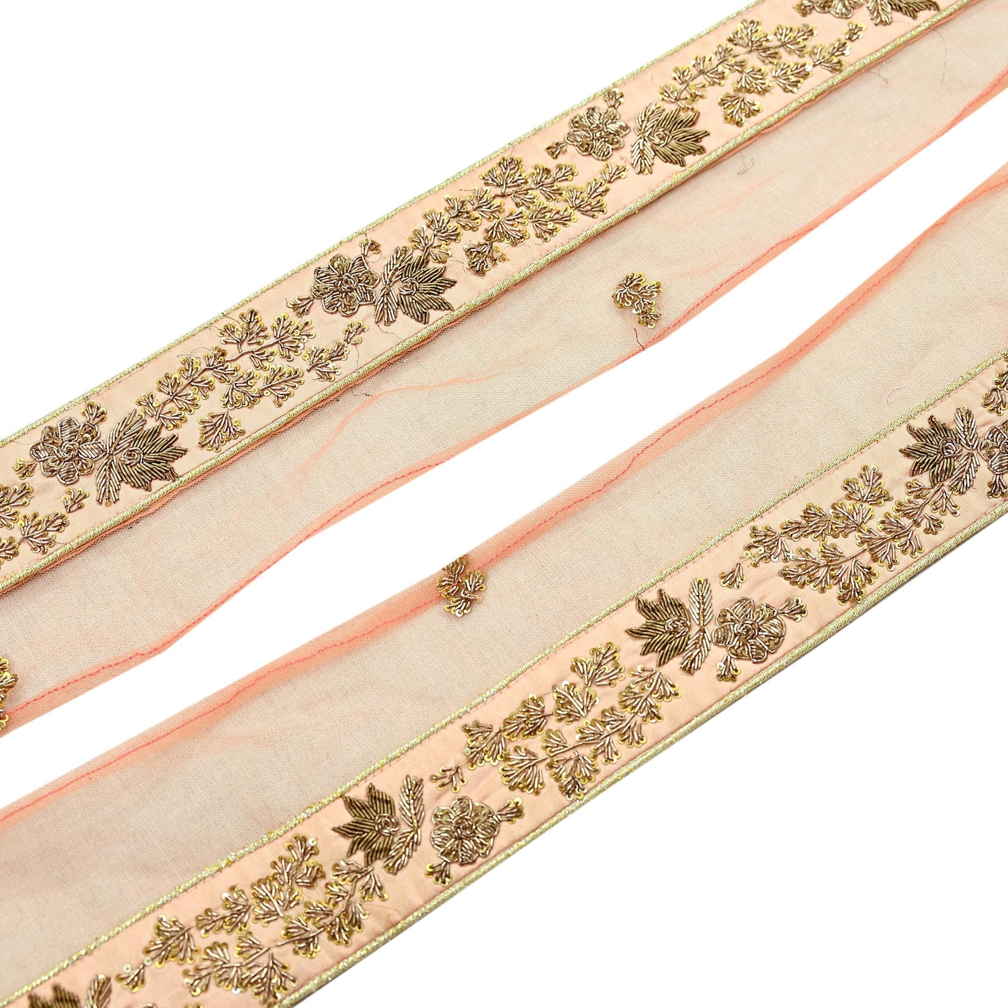 Indian Vintage Peach Sari Border Hand Embroidered 1yd Craft Trim Lace Sewing Net/Mess Ribbon Recycled Sari Border Zardozi/ Dabka Zari
