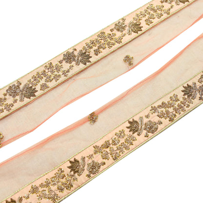 Indian Vintage Peach Sari Border Hand Embroidered 1yd Craft Trim Lace Sewing Net/Mess Ribbon Recycled Sari Border Zardozi/ Dabka Zari