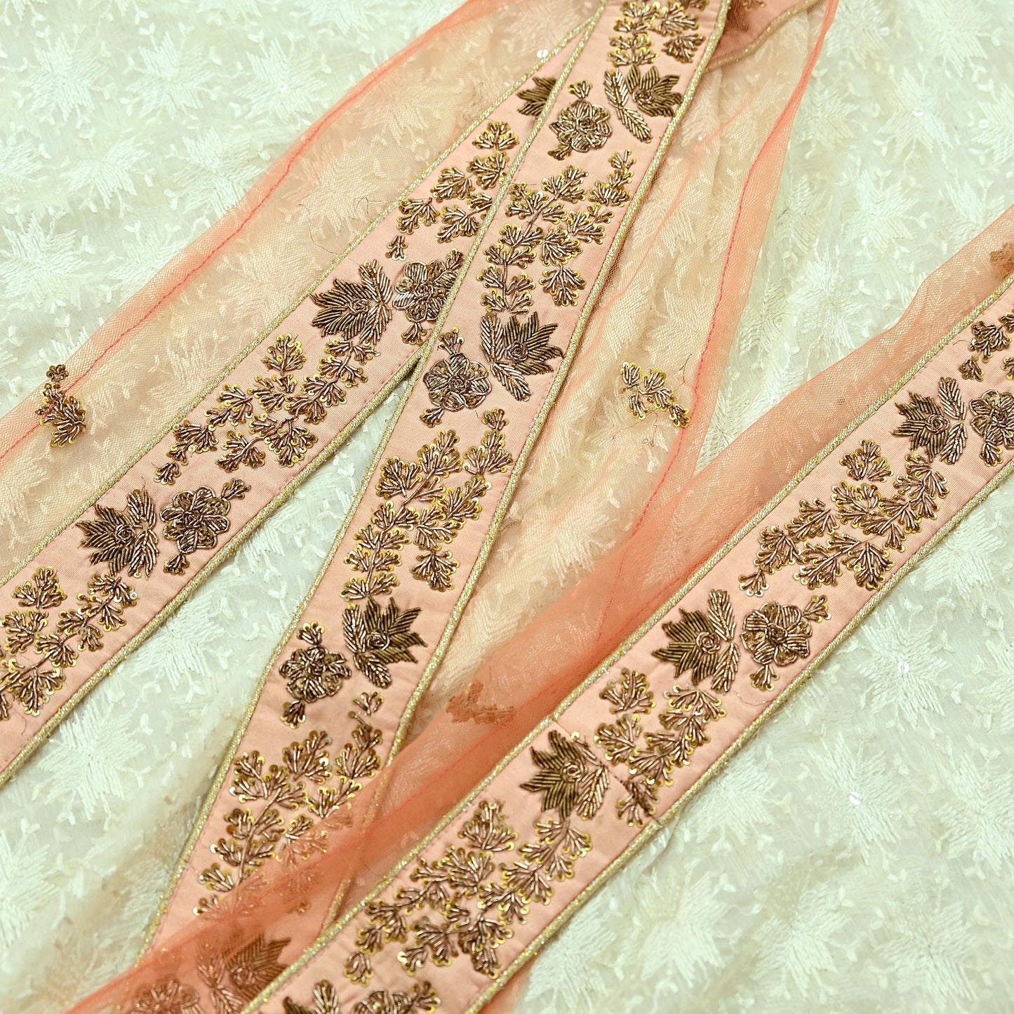 Indian Vintage Peach Sari Border Hand Embroidered 1yd Craft Trim Lace Sewing Net/Mess Ribbon Recycled Sari Border Zardozi/ Dabka Zari