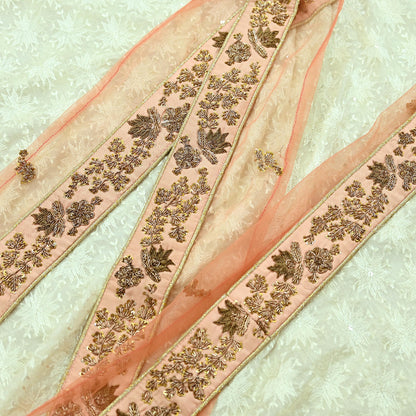Indian Vintage Peach Sari Border Hand Embroidered 1yd Craft Trim Lace Sewing Net/Mess Ribbon Recycled Sari Border Zardozi/ Dabka Zari